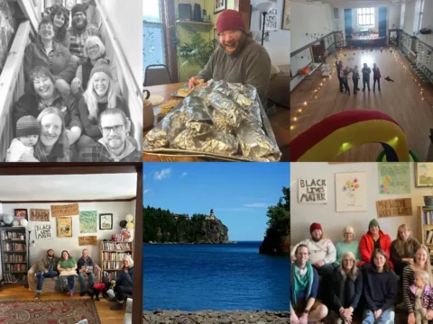 Loaves and Fishes Community volunteers in Duluth sharing meals, gathering in community spaces and enjoying Lake Superior.