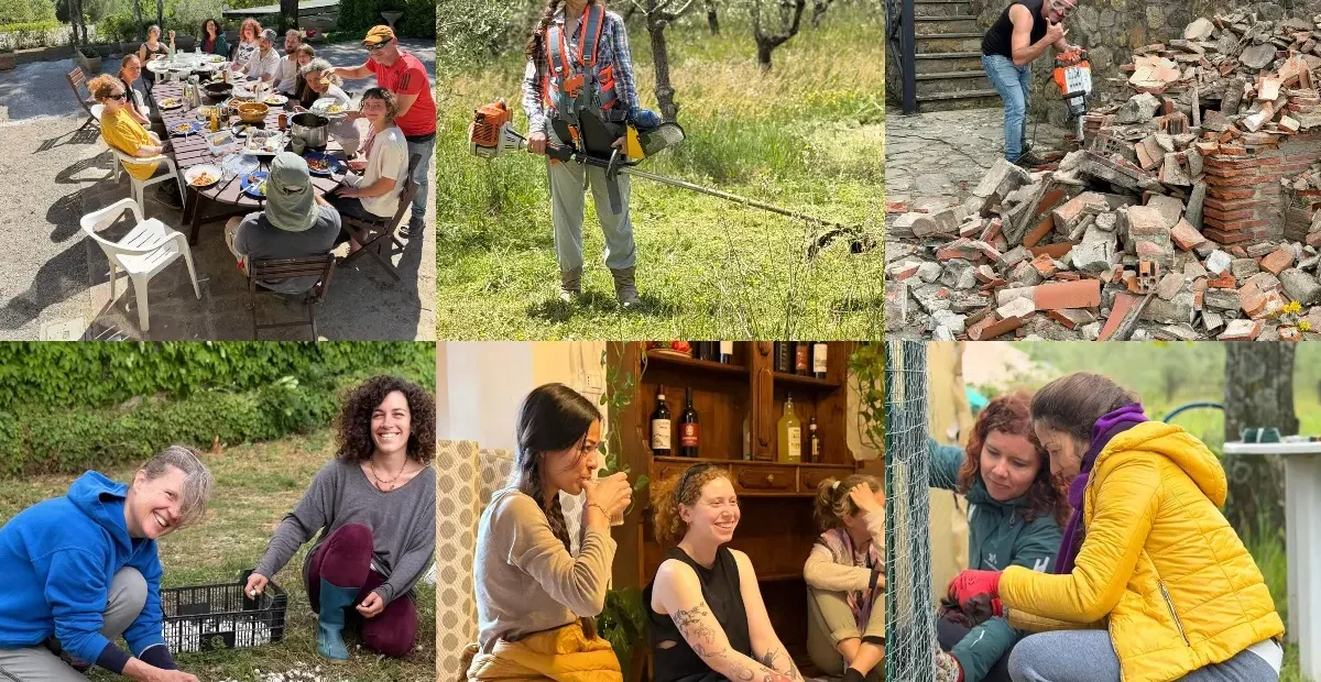 ollage of volunteers sharing meals, gardening and doing outdoor maintenance at Villa Sentire in Tuscany, Italy.