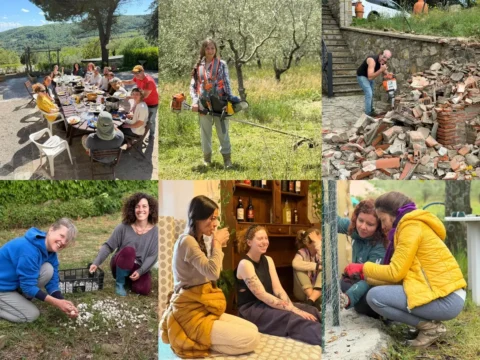 ollage of volunteers sharing meals, gardening and doing outdoor maintenance at Villa Sentire in Tuscany, Italy.