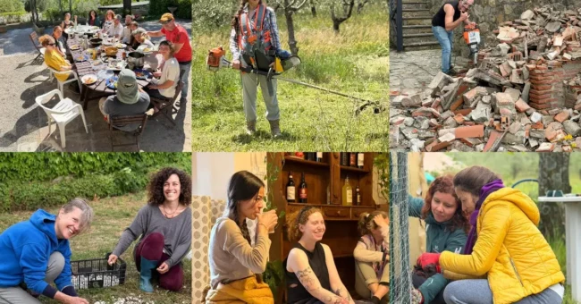 ollage of volunteers sharing meals, gardening and doing outdoor maintenance at Villa Sentire in Tuscany, Italy.