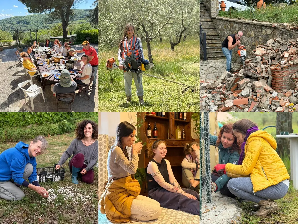 ollage of volunteers sharing meals, gardening and doing outdoor maintenance at Villa Sentire in Tuscany, Italy.