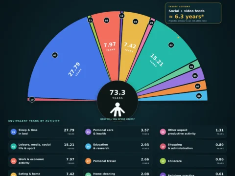 Infographic showing how a 73.3-year global lifetime is divided among sleep, leisure, work, food, personal care, education, travel, housework, childcare and other activities.