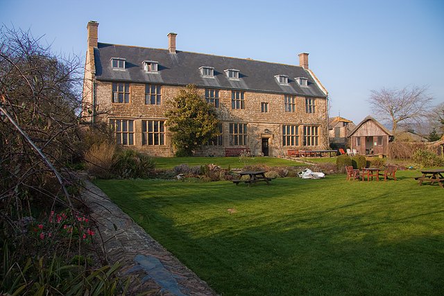 Historic Pilsdon Manor country house in rural England, home of the Pilsdon Community
