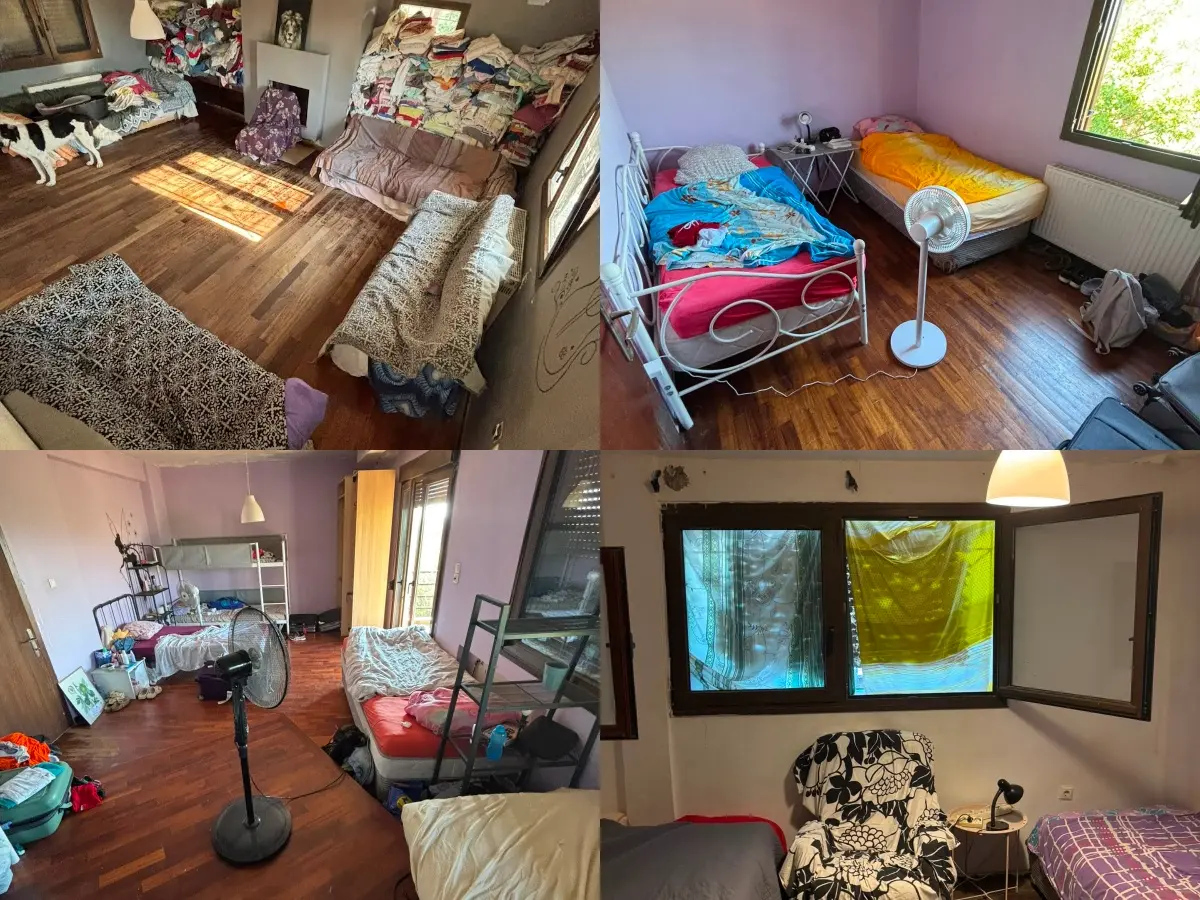 Collage of shared volunteer bedrooms and living spaces at Hopeland