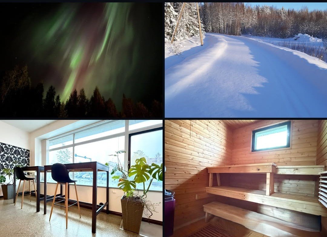 Winter coliving work exchange in Finland with coworking space, sauna and northern lights