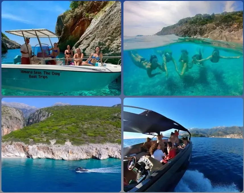 Guests swimming and cruising along the Ionian coast during a coastal tourism volunteer experience in southern Albania