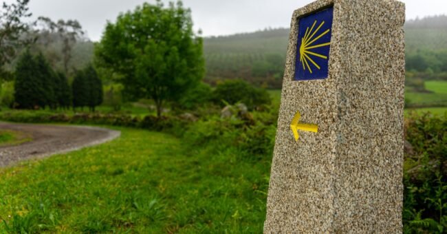 Camino de Santiago volunteer opportunities and pilgrim hospitality, illustrated by a yellow shell waymarker and arrow on a rural path in Spain
