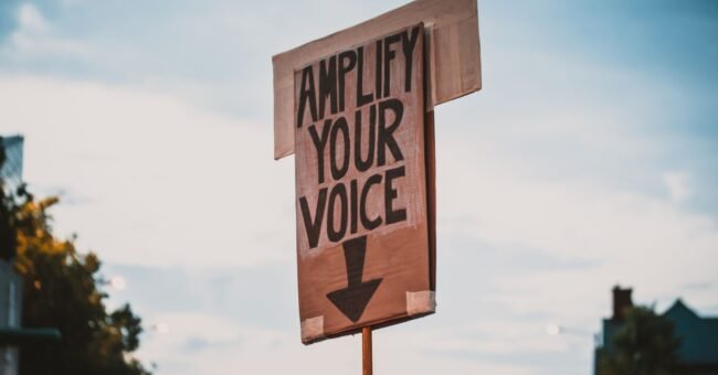 Cardboard protest sign reading “Amplify your voice”, with a downward arrow against a cloudy sky.